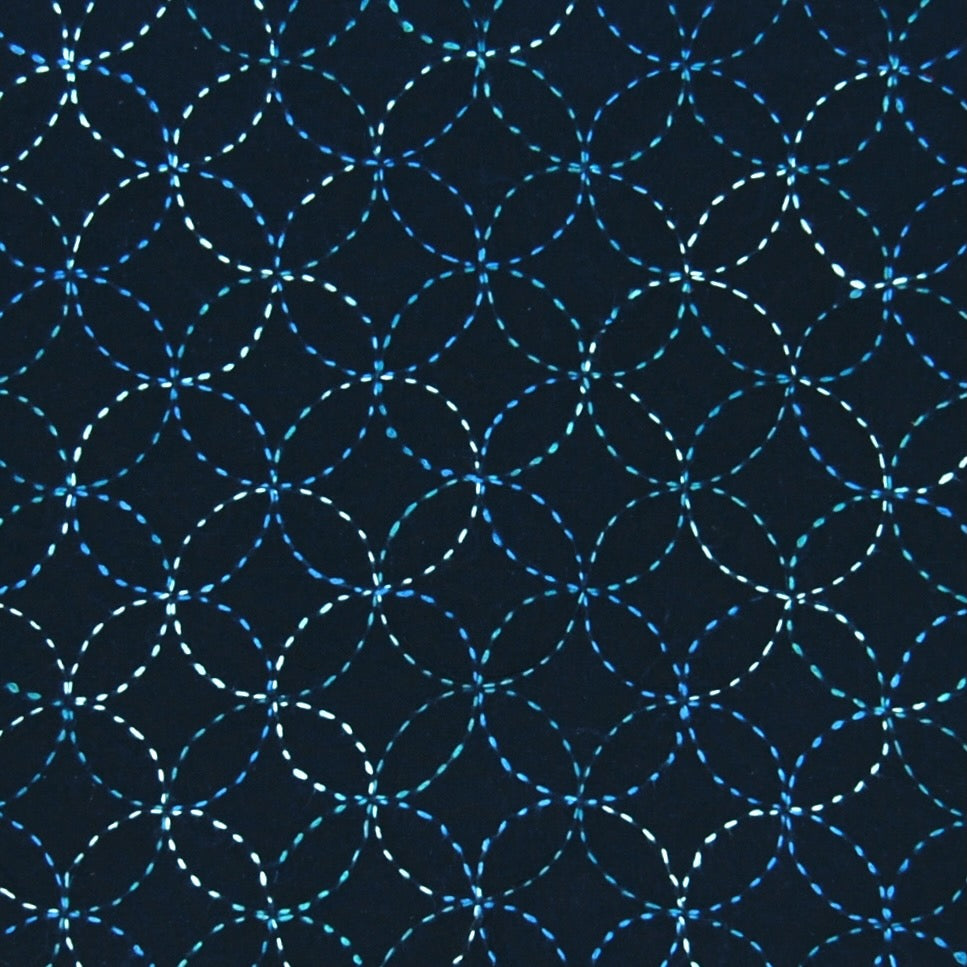 Sashiko stitching Linked Circles pattern in variegated blue sashiko thread