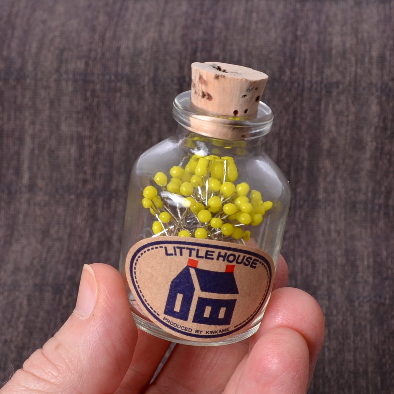 Little House pins in a glass bottle