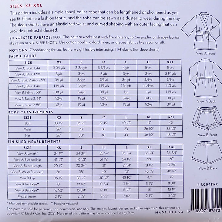 Wynwood Robe + Sleep Shorts Sewing Pattern Back