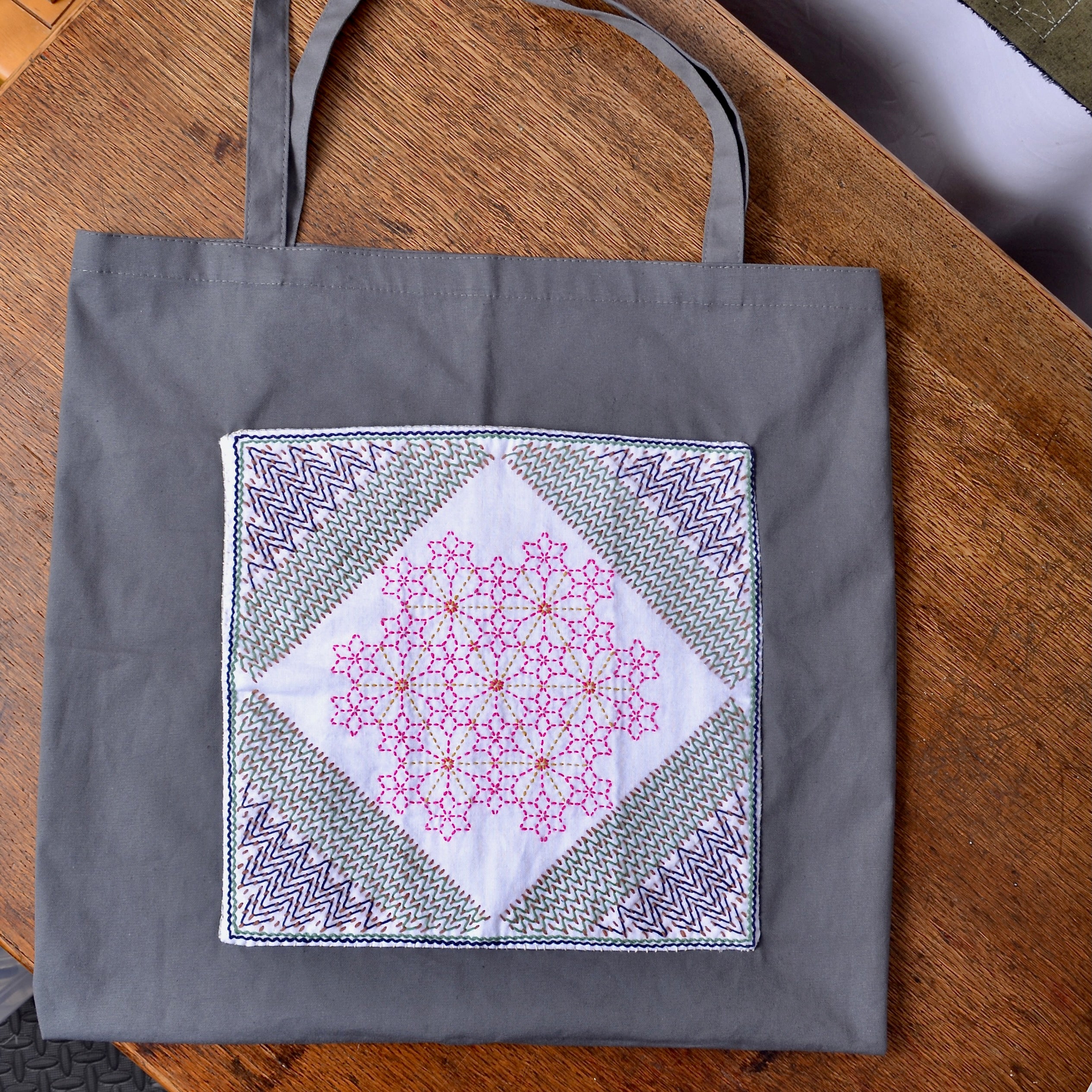 sashiko sampler used for pocket on tote bag