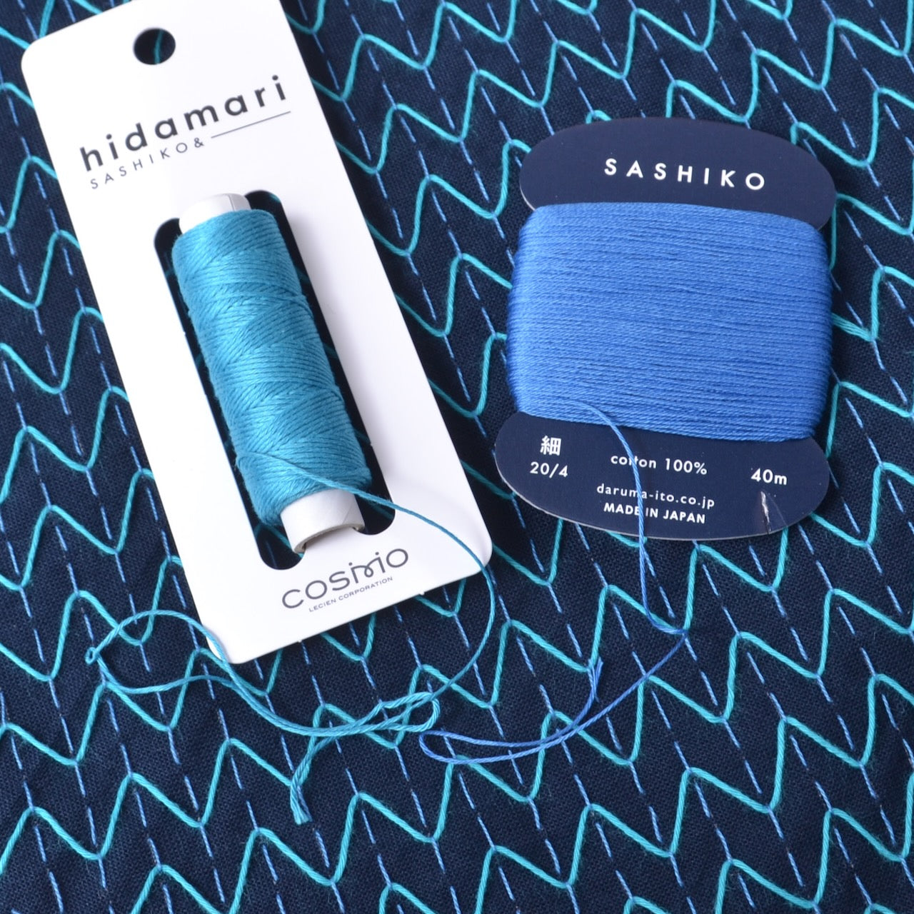 sample of thick and thin sashiko thread on a stitched sampler