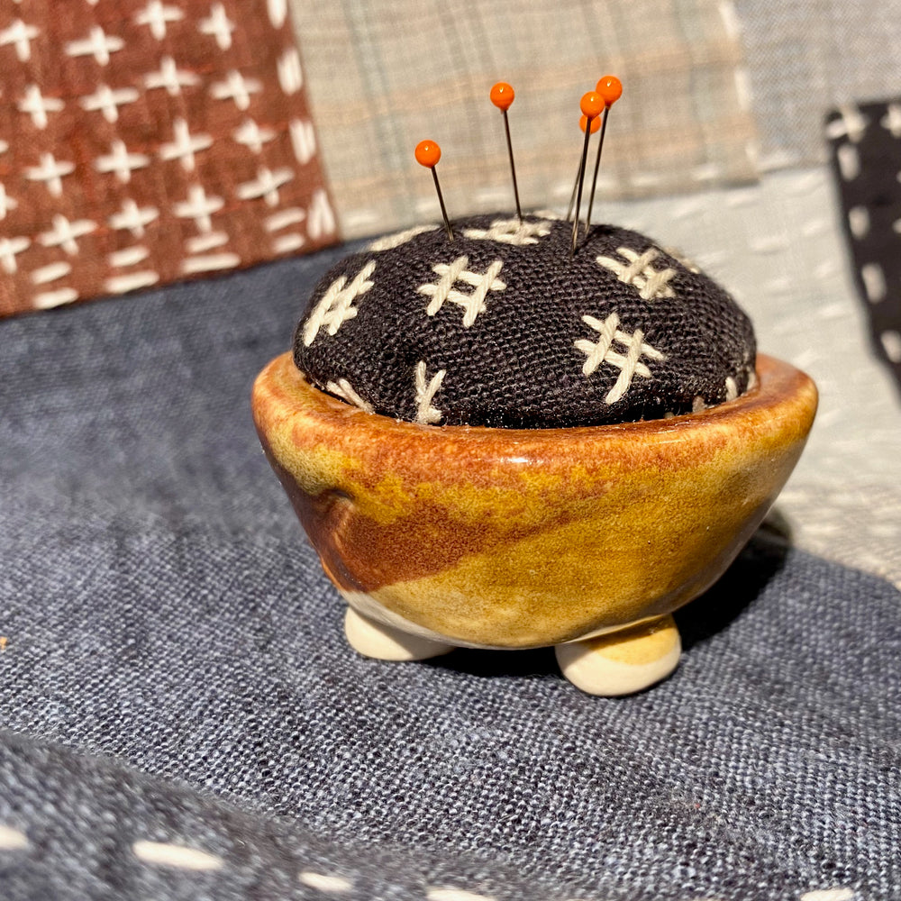 Japanese  pin bowl with piece work cushion