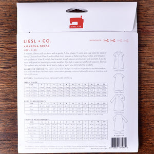 Back of a sewing pattern for the Liesl + Co. Amarena Dress, showing size information, fabric guide, body measurements, finished measurements.