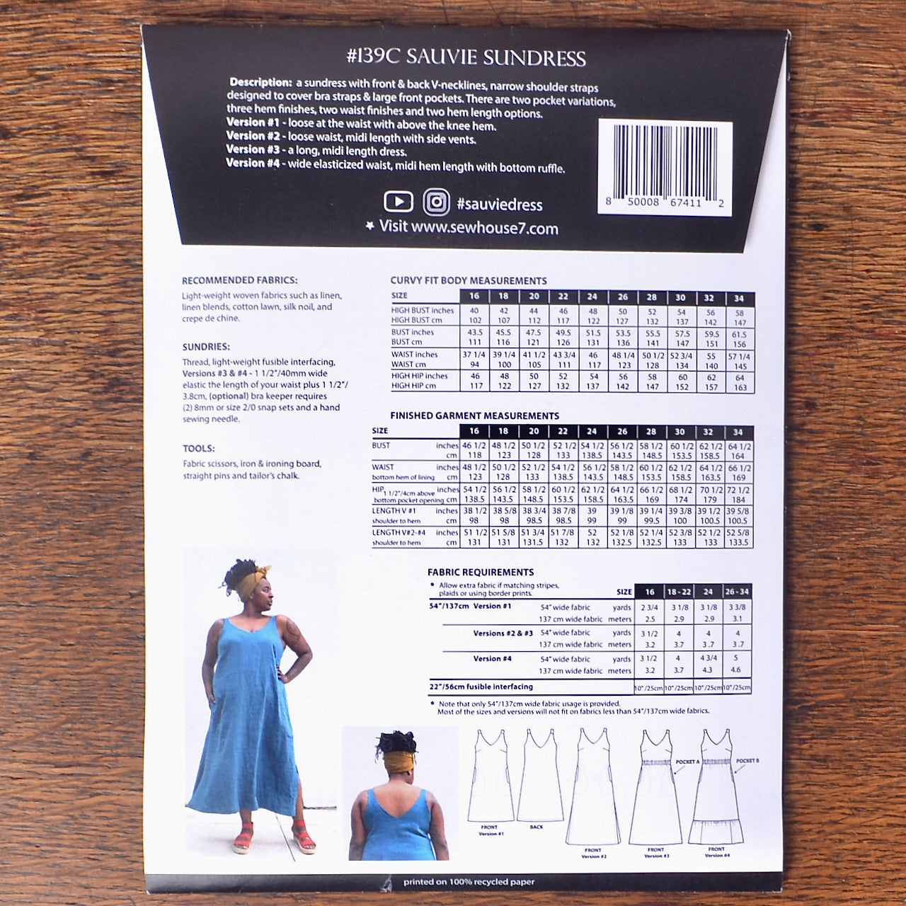 Sew House Seven pattern, showing measurments and requirements
