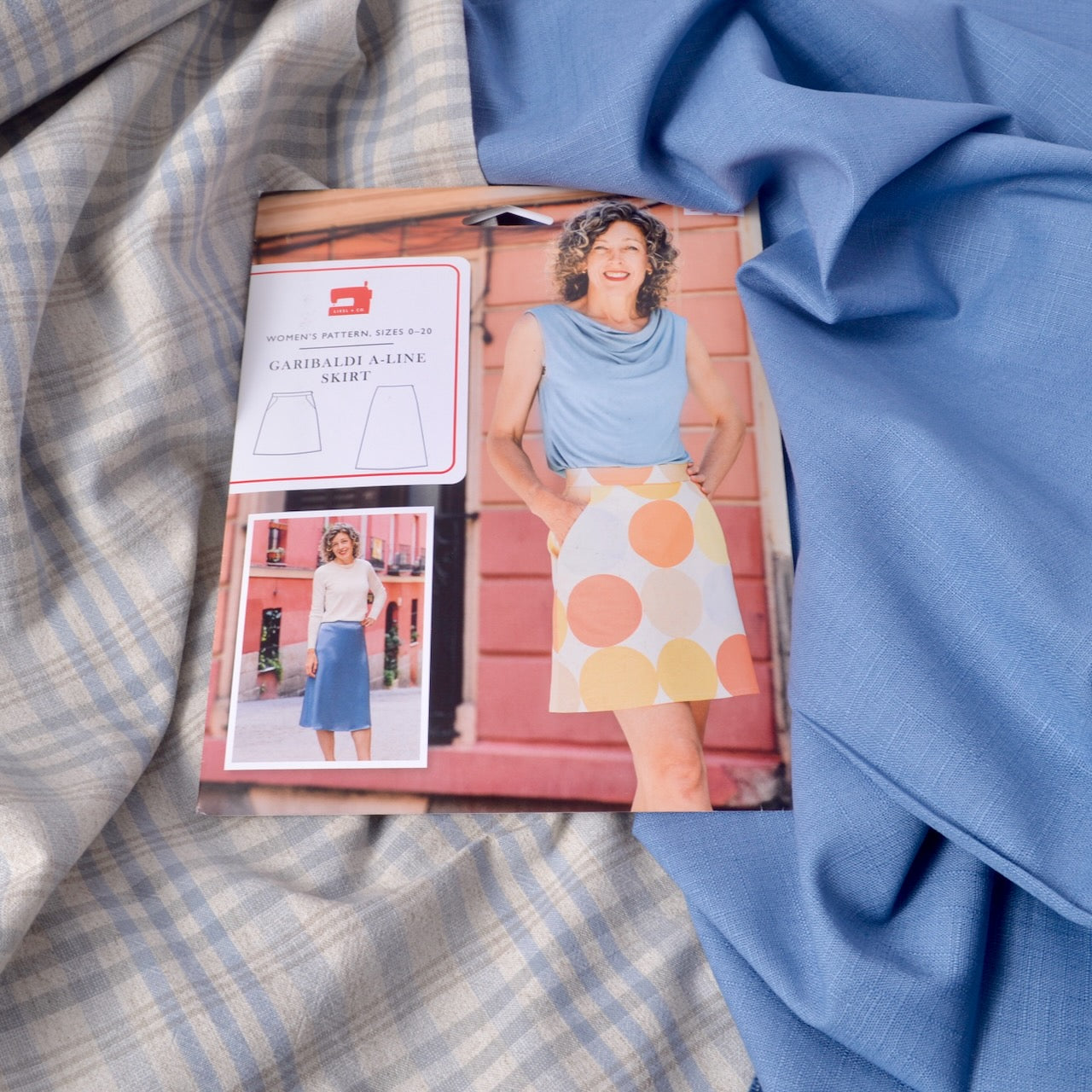 A LINE skirt pattern with blue japanese dobby cotton