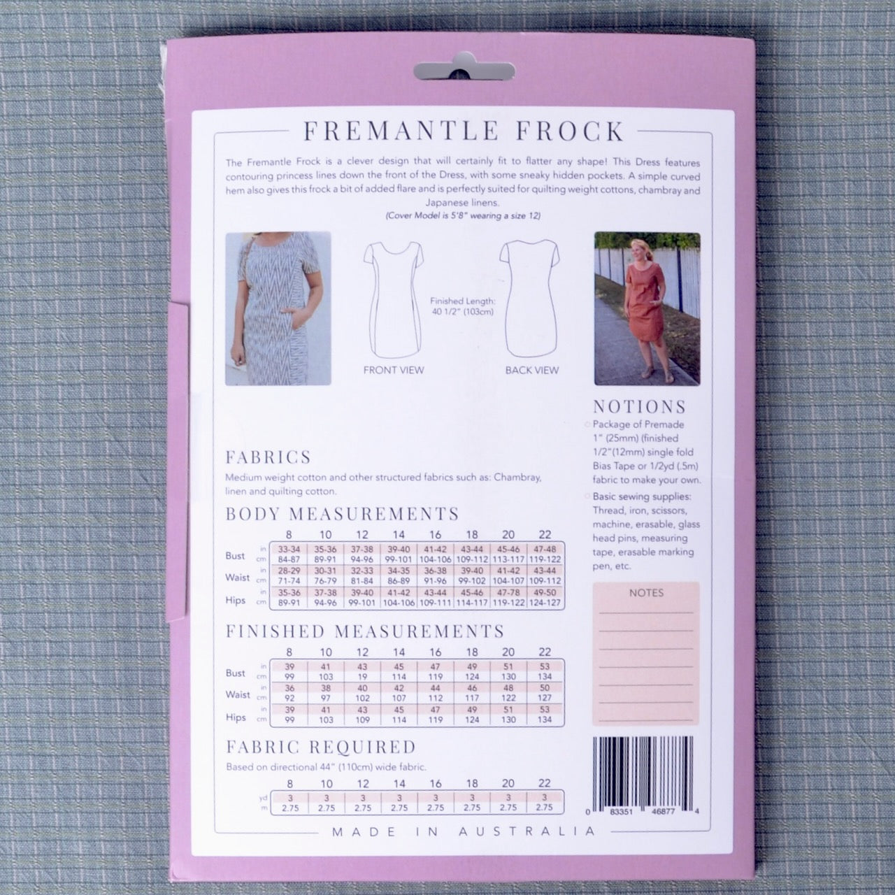 A sewing pattern for Fremantle Frock by Victoria Patterns, featuring a white back cover with instructions, body measurements, finished measurements, fabric requirements