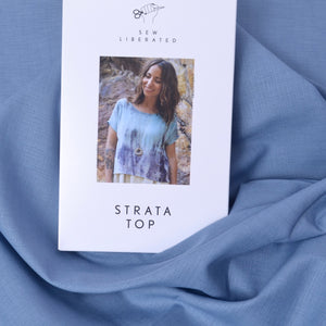 'Strata Top' by Sew Liberated, with blue dobby cotton and yarn dyed fabric