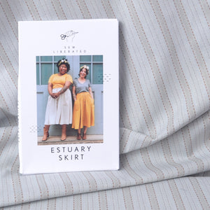 A sewing pattern Estuary Skirt' by Sew Liberated shown with japanse yarn dyed cotton fabric

