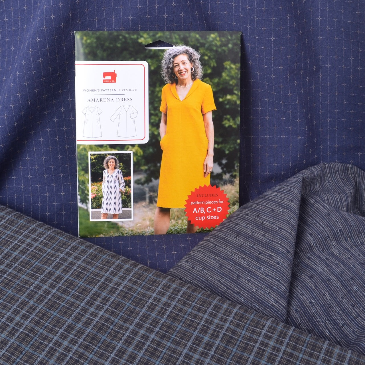 Liesl dress pattern with blue yarn dyed fabrics

