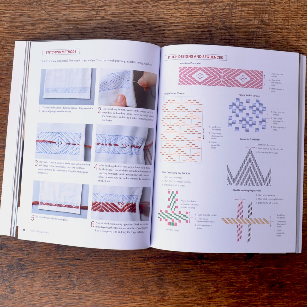  techniques and stitch guides. The pages contain step-by-step sashiko patterns.