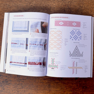  techniques and stitch guides. The pages contain step-by-step sashiko patterns.