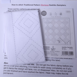 Olympus Sashiko Sampler with stitching pattern and instructions on a white background