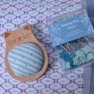 Solid Wood Pincushion "Blue Cat" with Pins