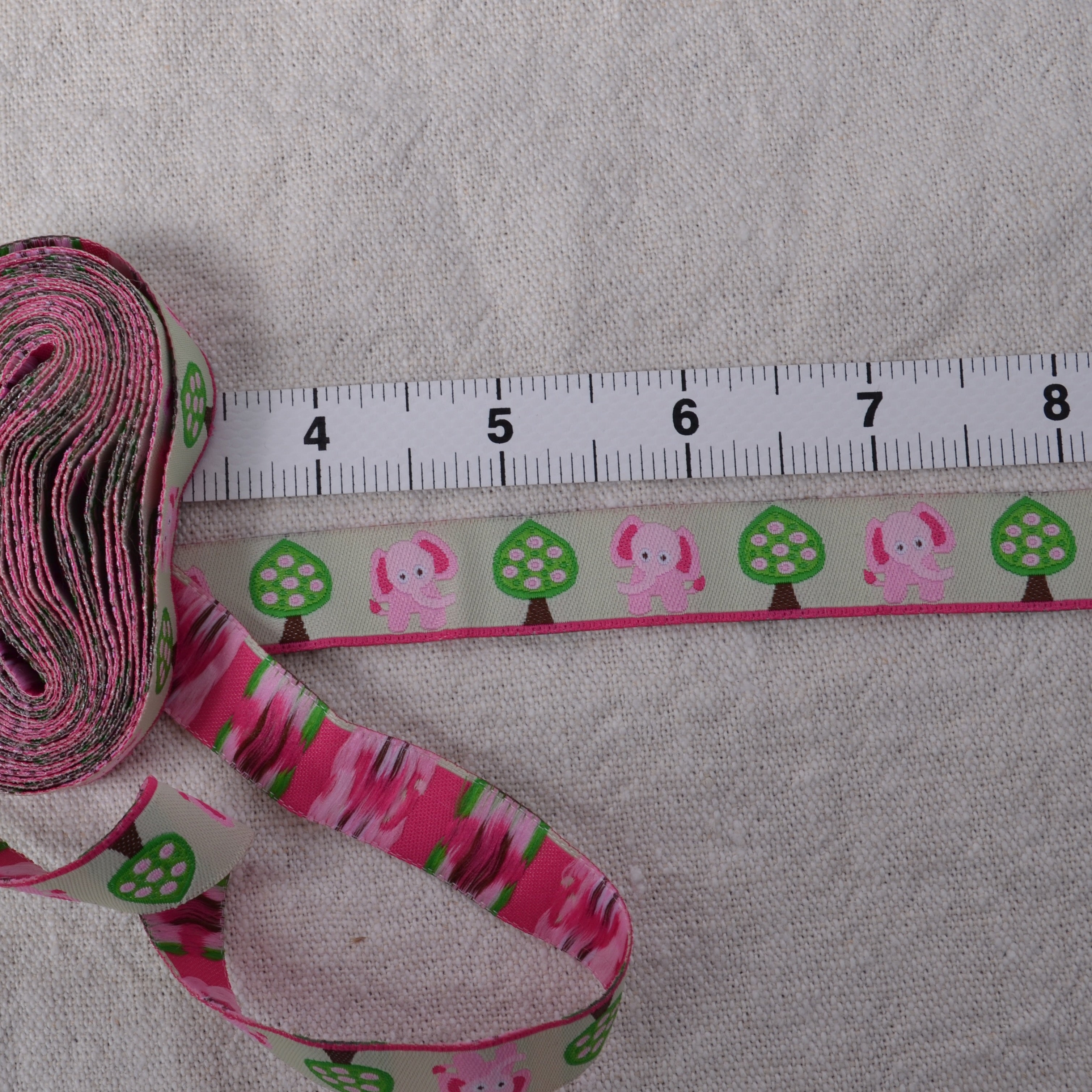 Pale Pink Elephant on Soft Green Ground Sewing Ribbon