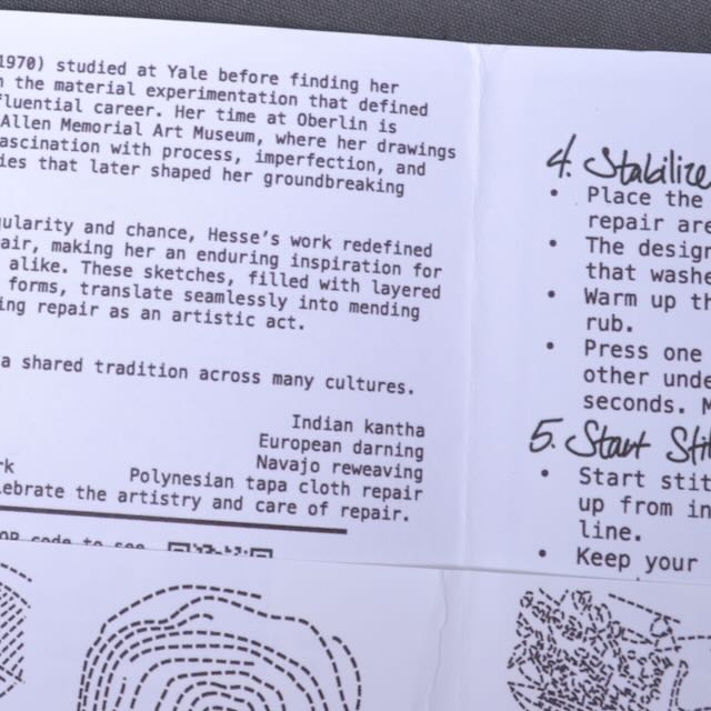 Dissolvable Stitching Guides for Visible Mending "Eva Hesse at Oberlin"