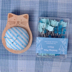 Solid Wood Pincushion "Blue Cat" with Pins