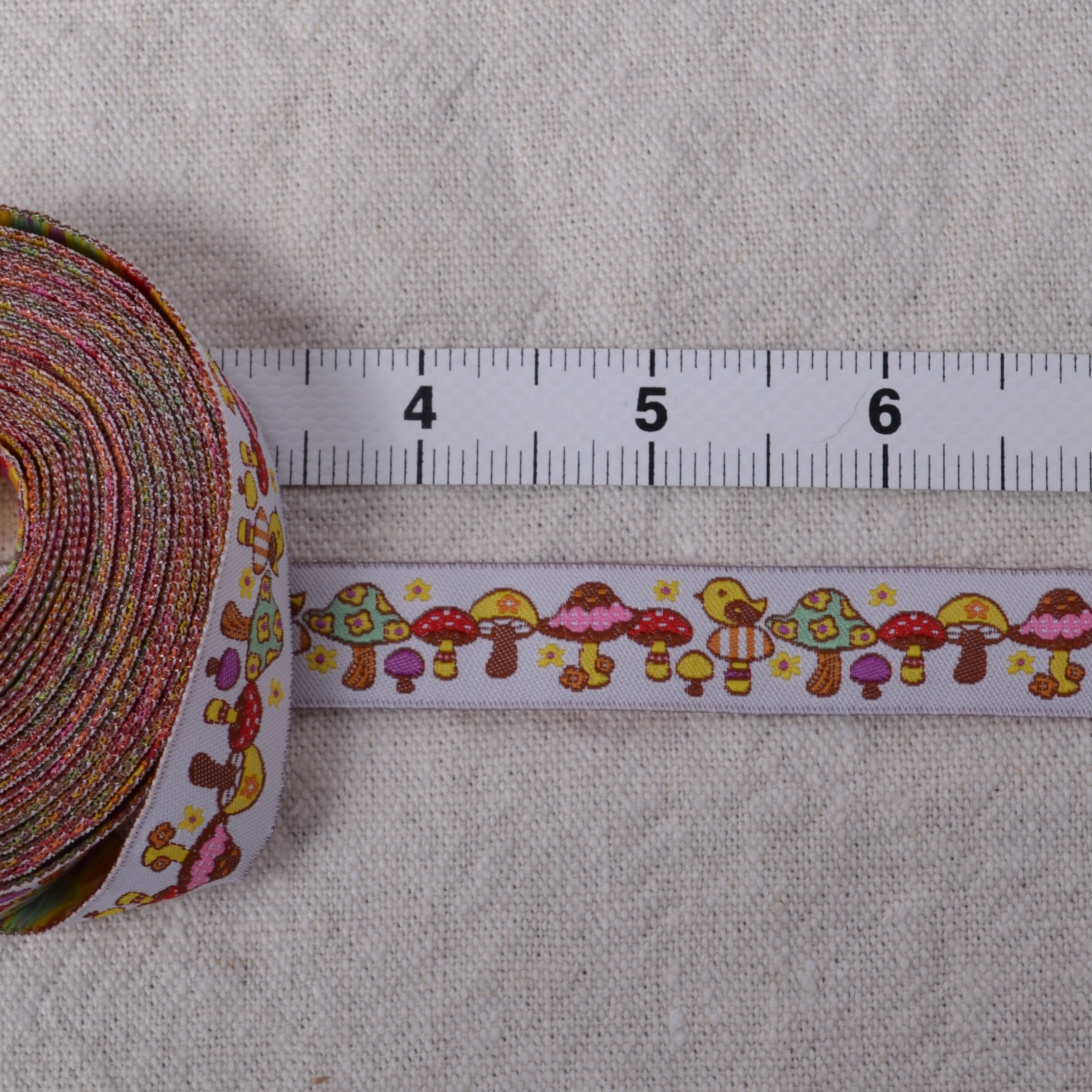 Mushrooms and Yellow Birds Sewing Ribbon