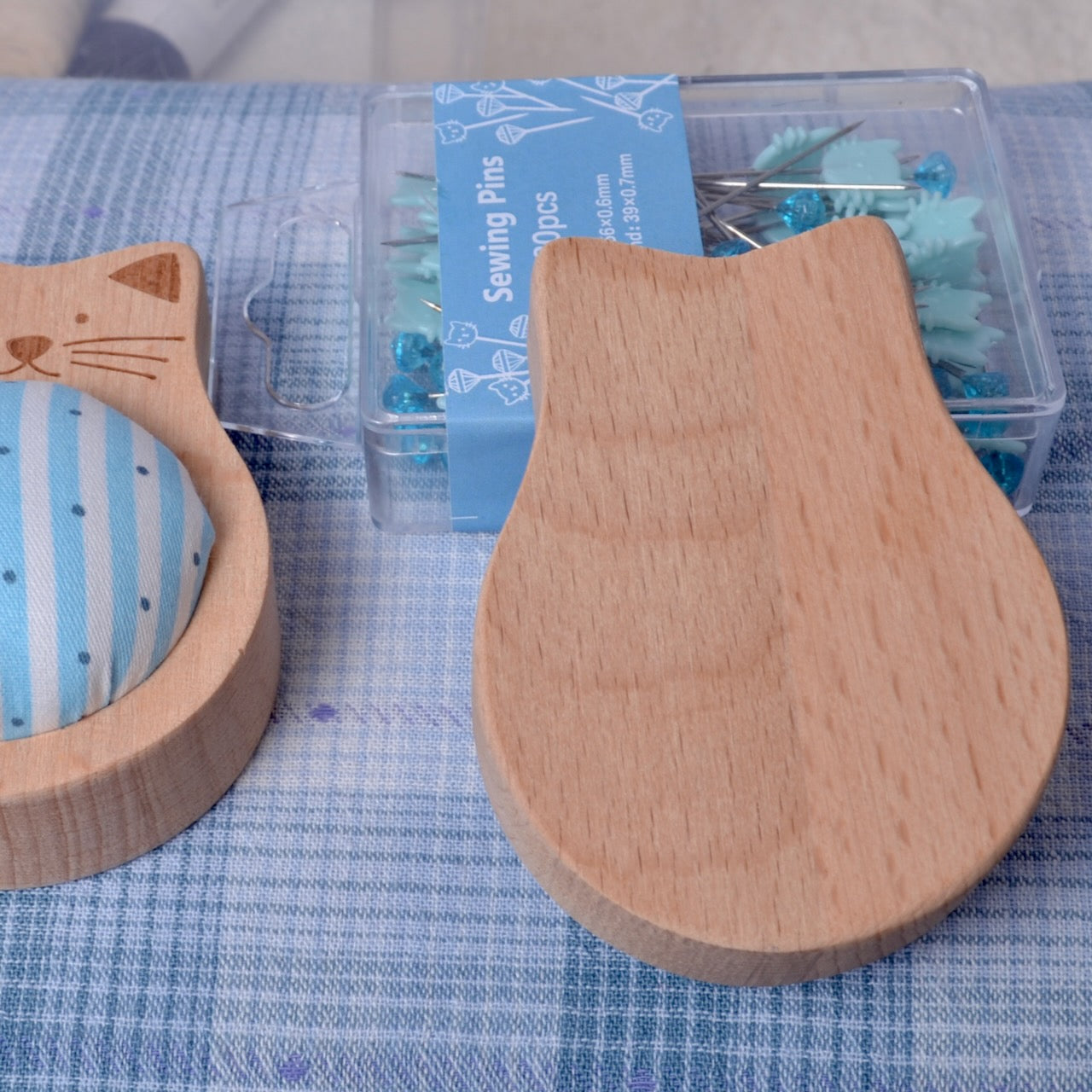 back of Solid Wood Pincushion "Blue Cat" with Pins