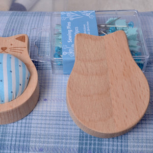 back of Solid Wood Pincushion "Blue Cat" with Pins