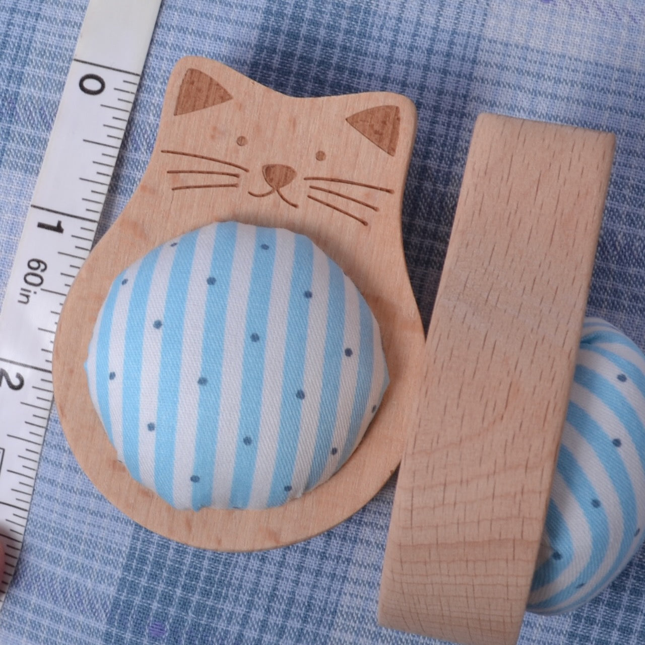 Solid Wood Pincushion with pins "Blue Cat"