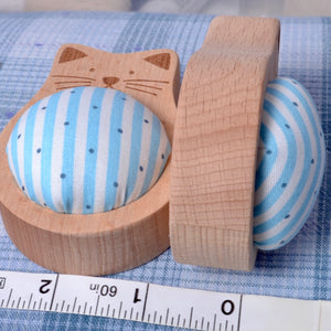 side view of Solid Wood Pincushion "Blue Cat" with Pins