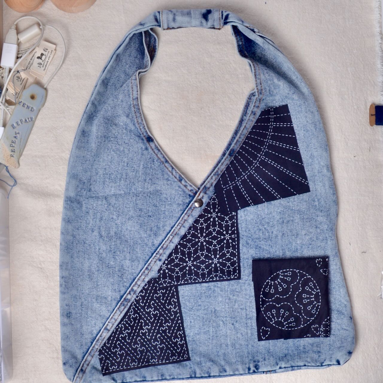 denim bag with suggestion for sashiko patches placement