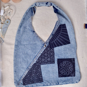denim bag with suggestion for sashiko patches placement