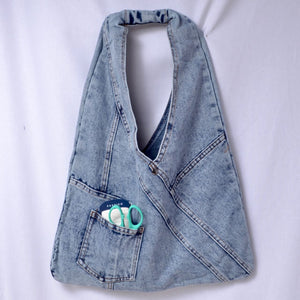showing front of denim bag