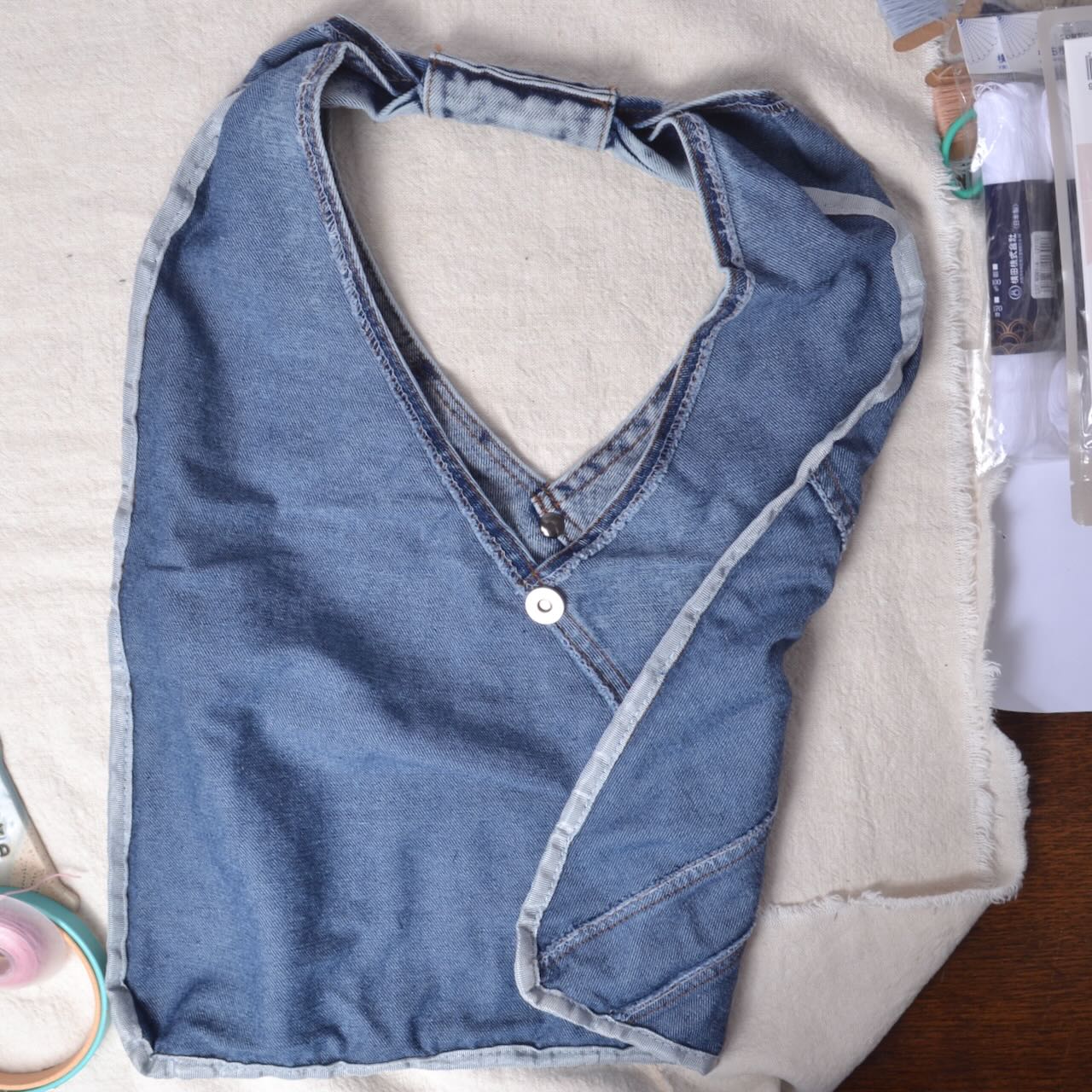 showing inside of denim bag