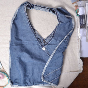 showing inside of denim bag
