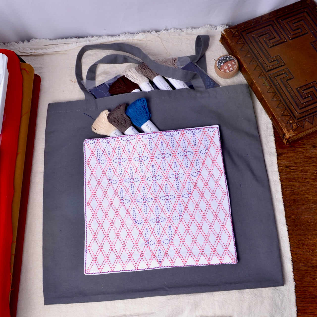 Tradtional Sashiko Design "Tasuki" used as pocket on shopping bag