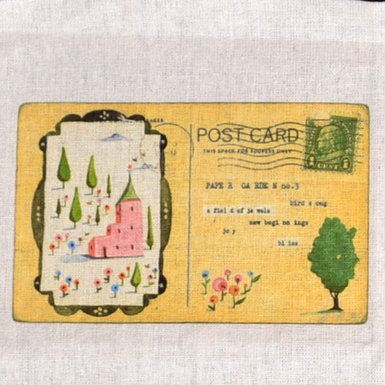 red building in field with trees postcard fabric patch