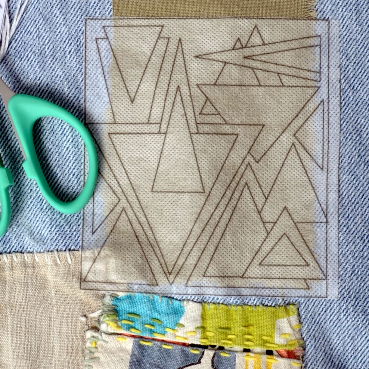 Stick the patch in a way it will hold the fabrics together for mending using Dissolvable Stick & Stitch Transfer Patterns 