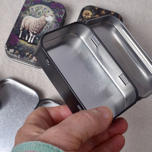 showing inside  and hinges of metal tin