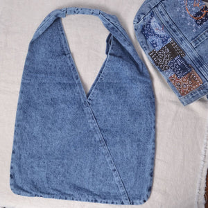 Back of faded Denim Shoulder Bag Stitching Blank and sample boro style stitching