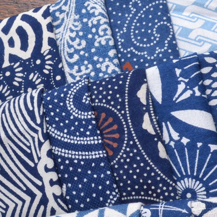 indigo dyed katazome printed cotton fabric pieces