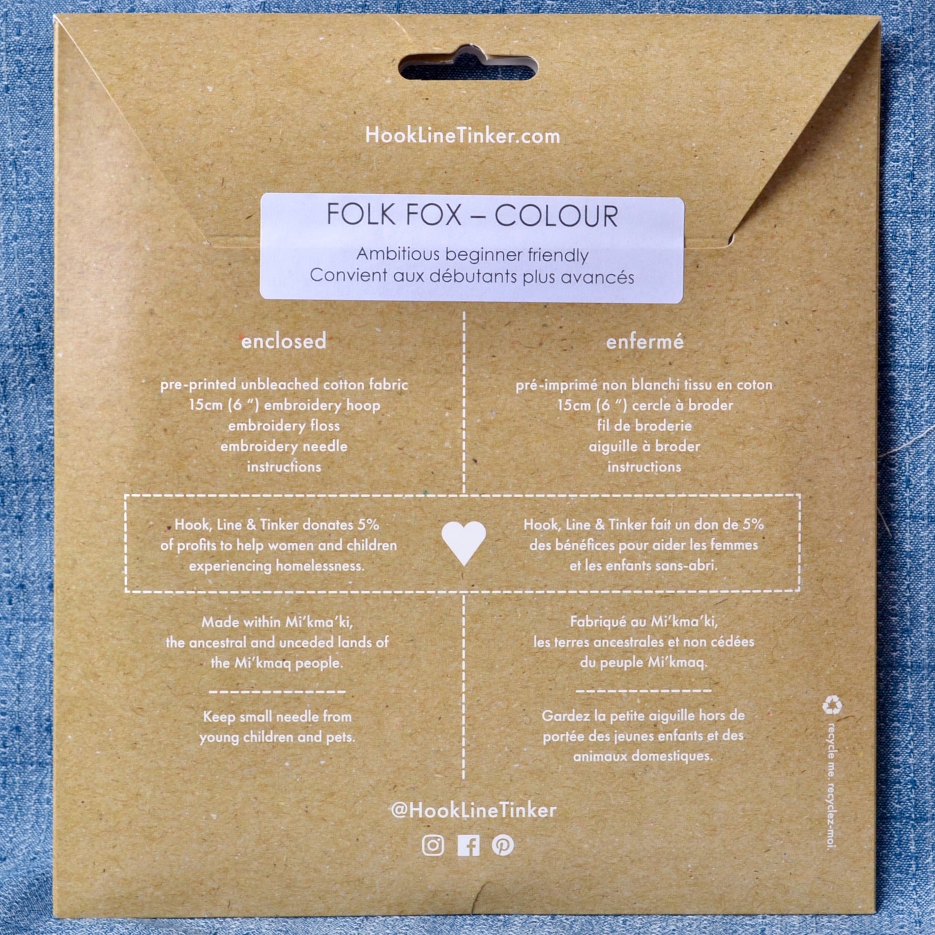 Back of kit envelop for Folk Fox embroidery kit