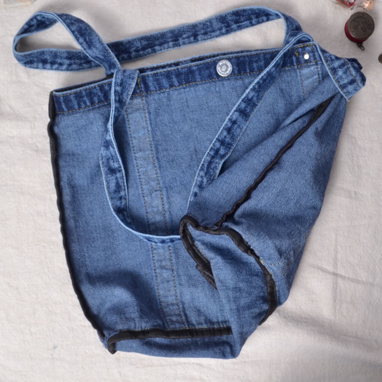 showing Inside of Washed Blue Denim Shoulder Tote Bag Blank