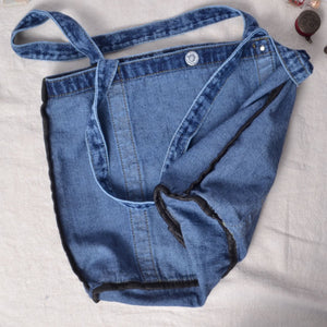 showing Inside of Washed Blue Denim Shoulder Tote Bag Blank