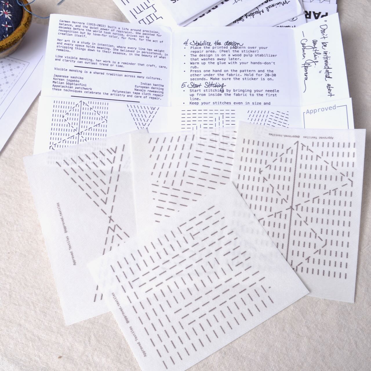 Dissolvable Stitching Guides for Visible Mending "Inspired by Carmen Herrera"
