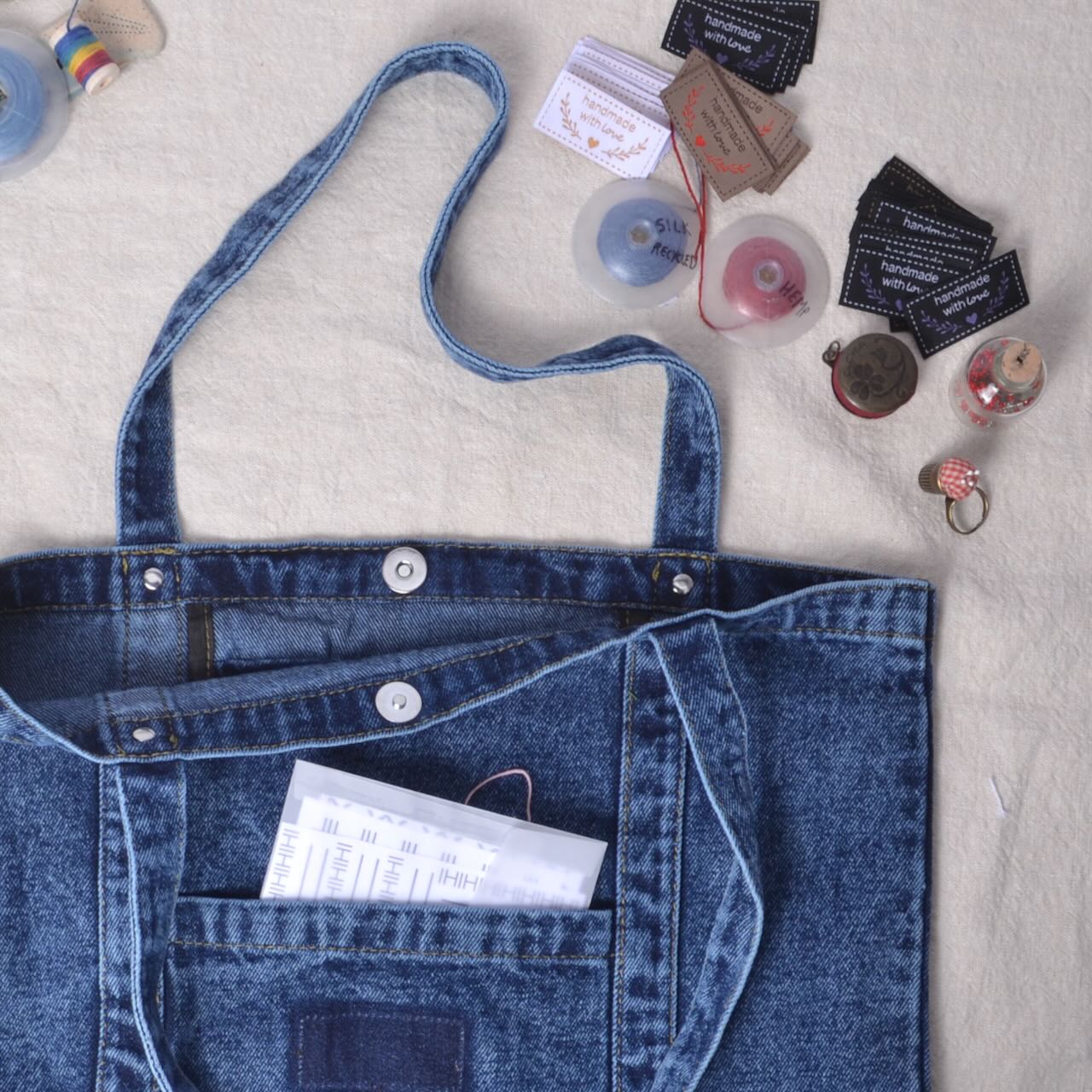 showing denim bag details close up