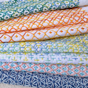 examples of kugurizashi sashiko stitched fabrics