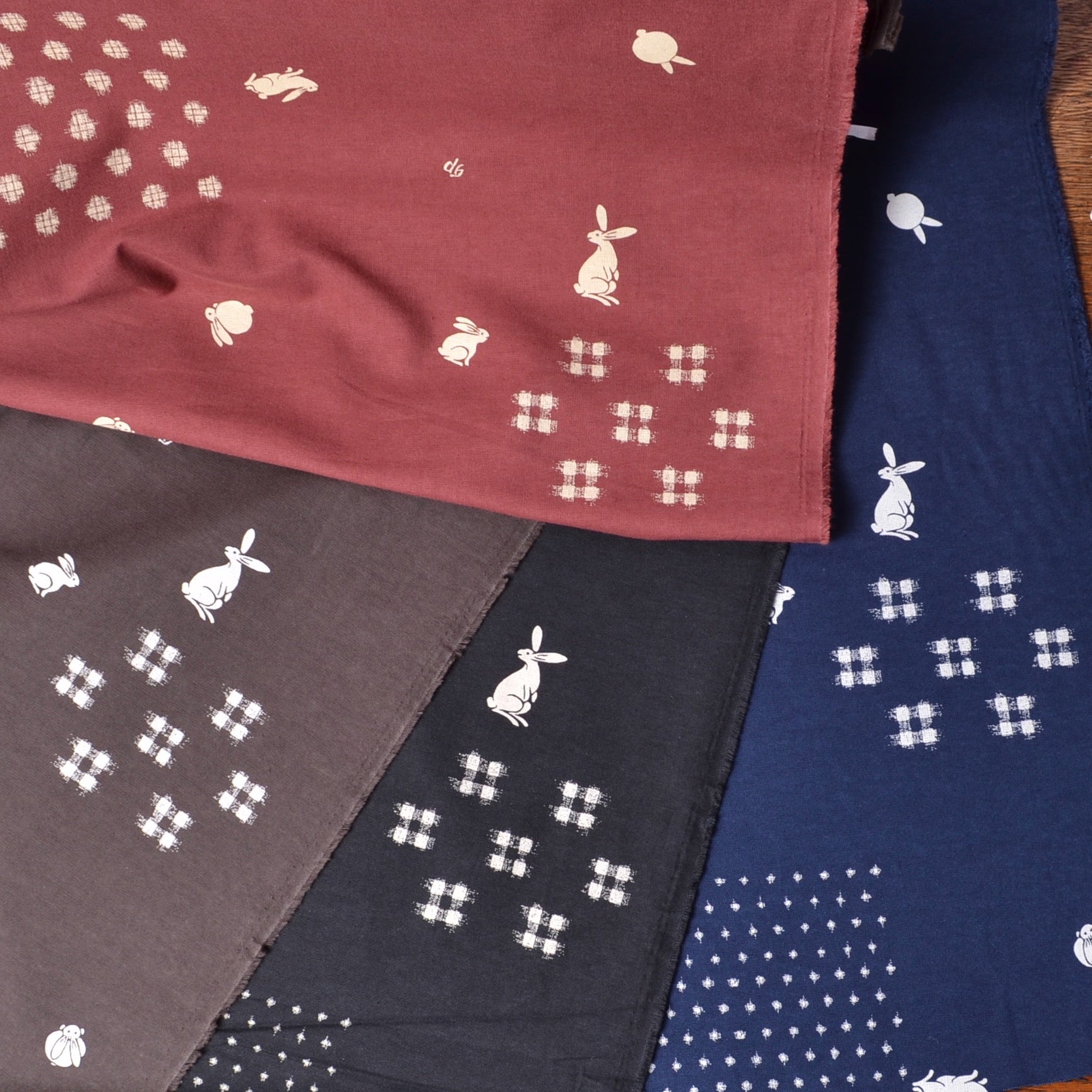 Japanese Wagara fabric, Red with Bunnies
