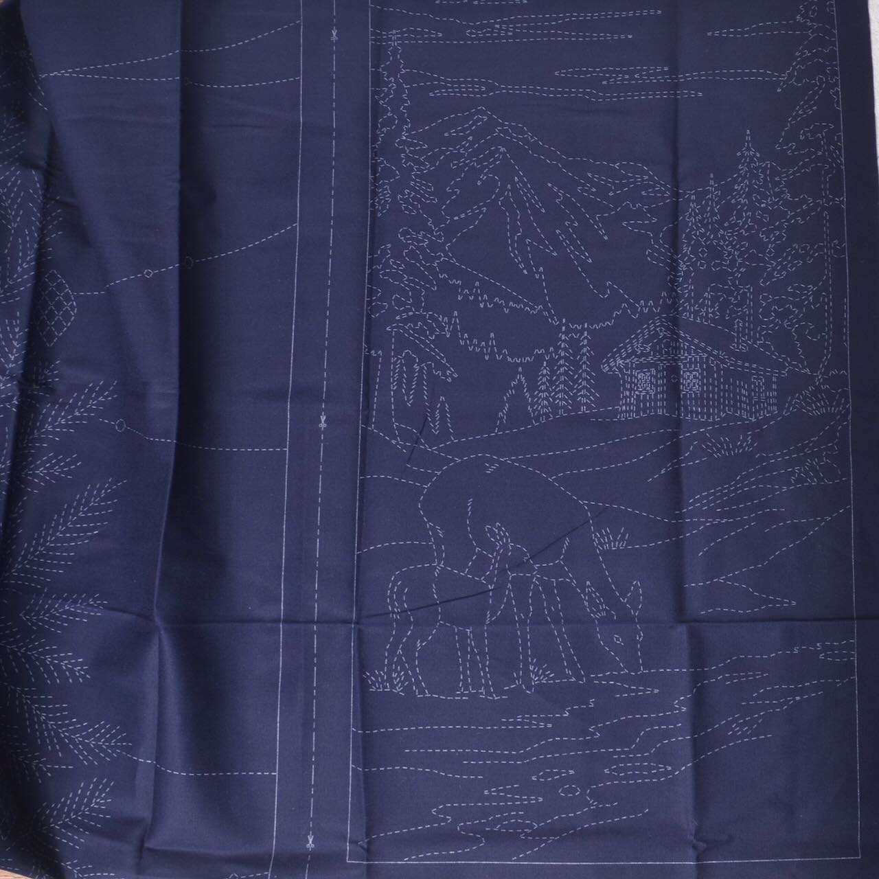 Sashiko Panel, Seasons Greetings 2 - deer and cabin