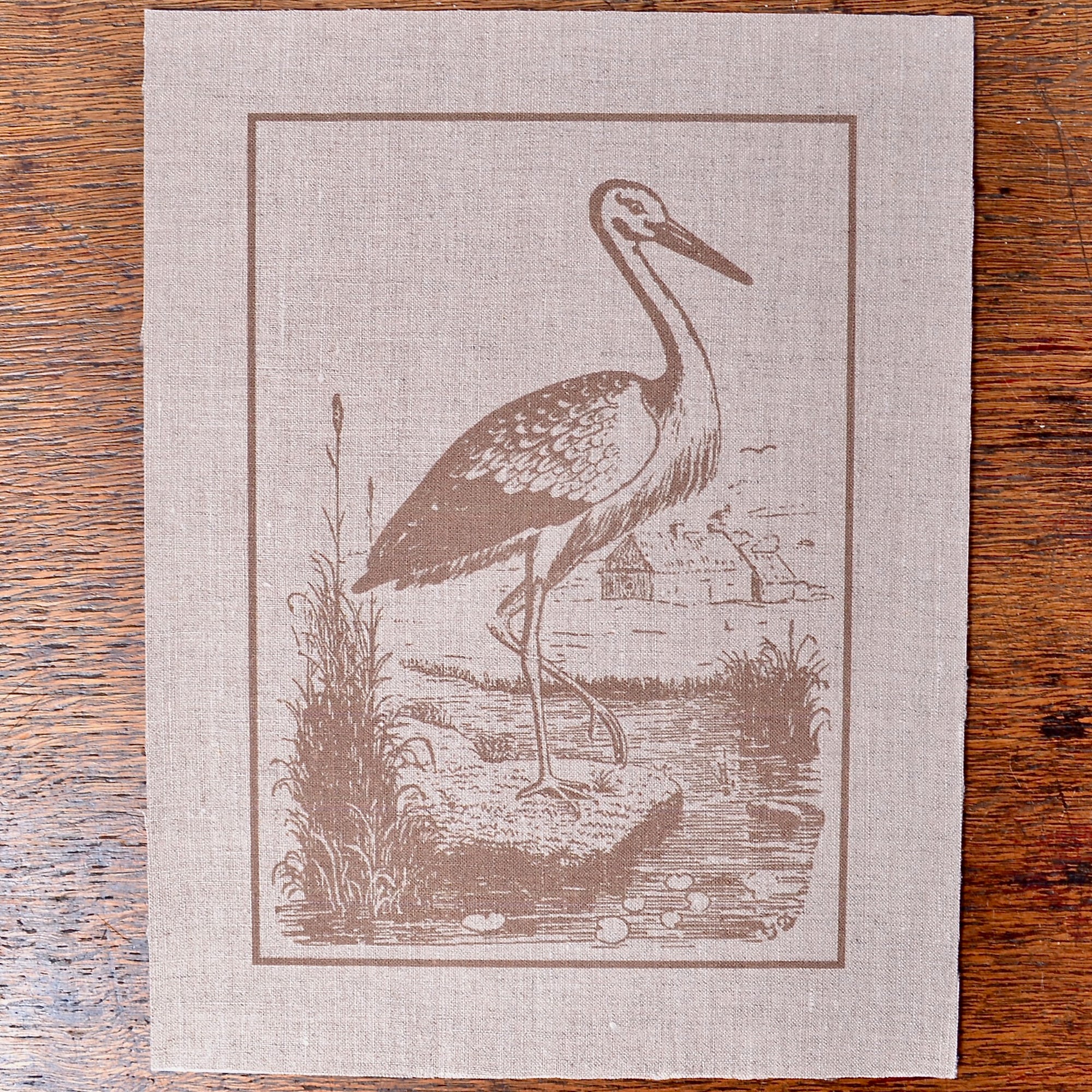 crane image printed on linen fabric