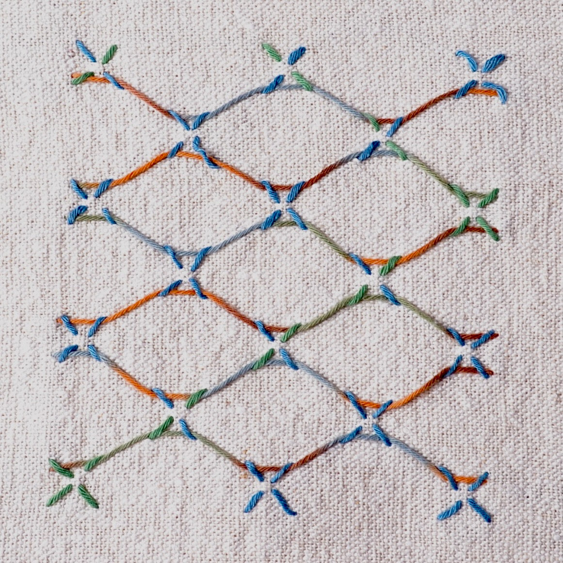 using only the crosses from the stencil, then weaving a variegated thread through those crosses  to get a Kuguri stitching
