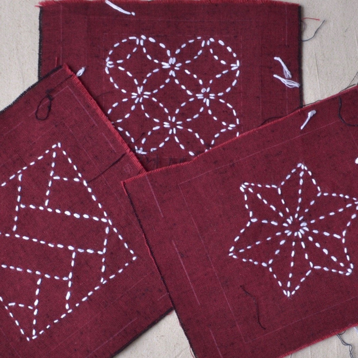 Sashiko Grab & Go Kit: Five Geranium Red Coasters