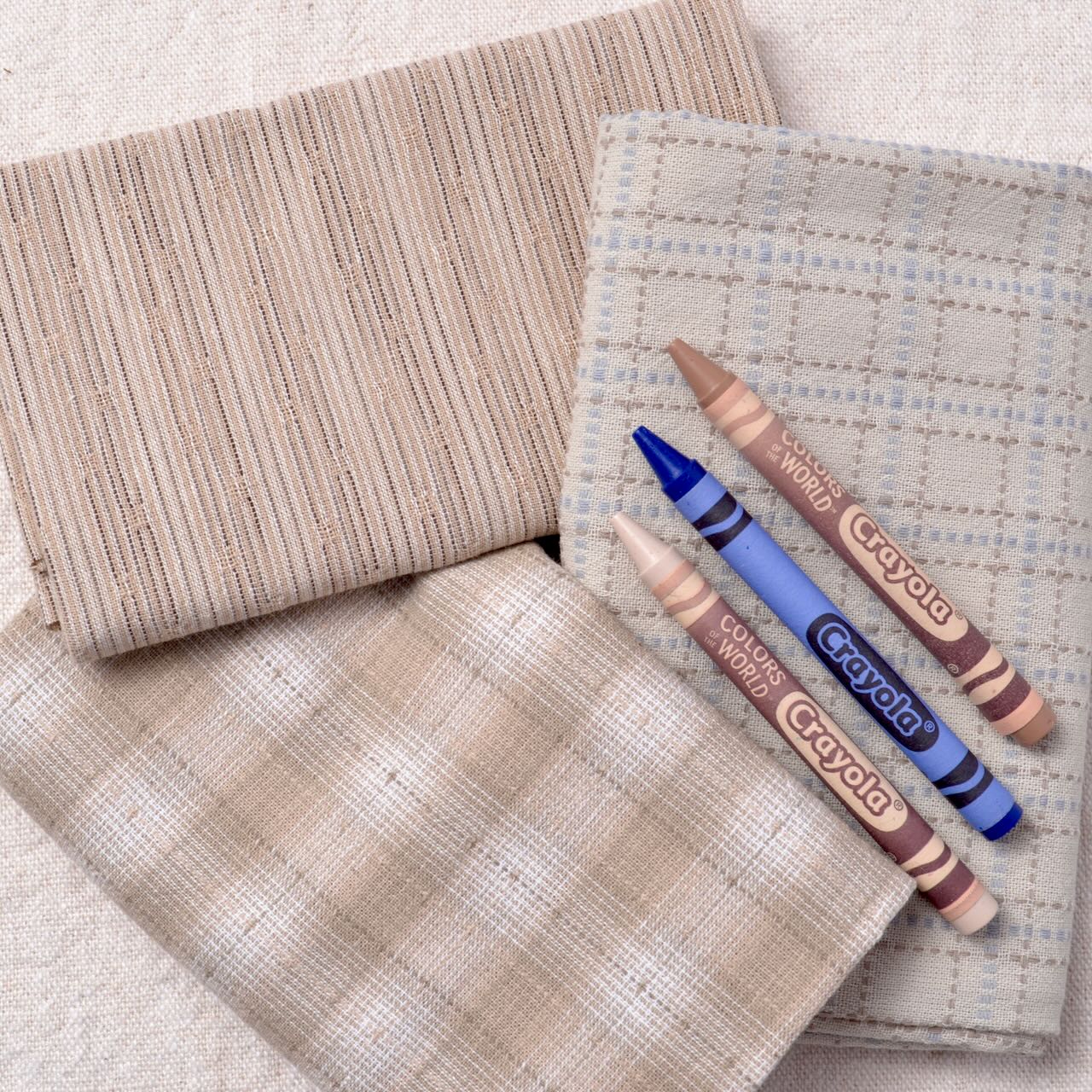 Dyed Yarn Cotton Fabric Bundle of 3, Creamy Taupes with Brown with crayons for helping judge colours