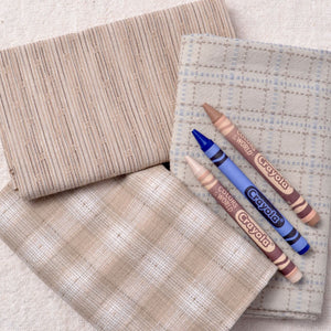 Dyed Yarn Cotton Fabric Bundle of 3, Creamy Taupes with Brown with crayons for helping judge colours