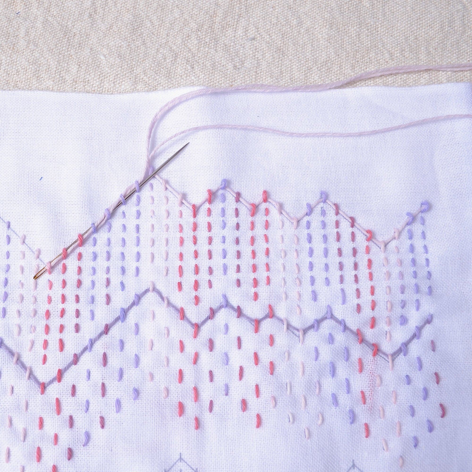 Weaving under stitches (kugurizashi) Sashiko Sampler, Textile Lab "Peaks" ready to stitch fabric